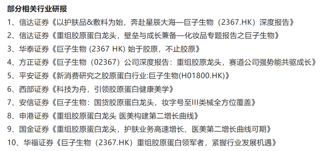 图/华熙生物提及的10篇券商行业研报